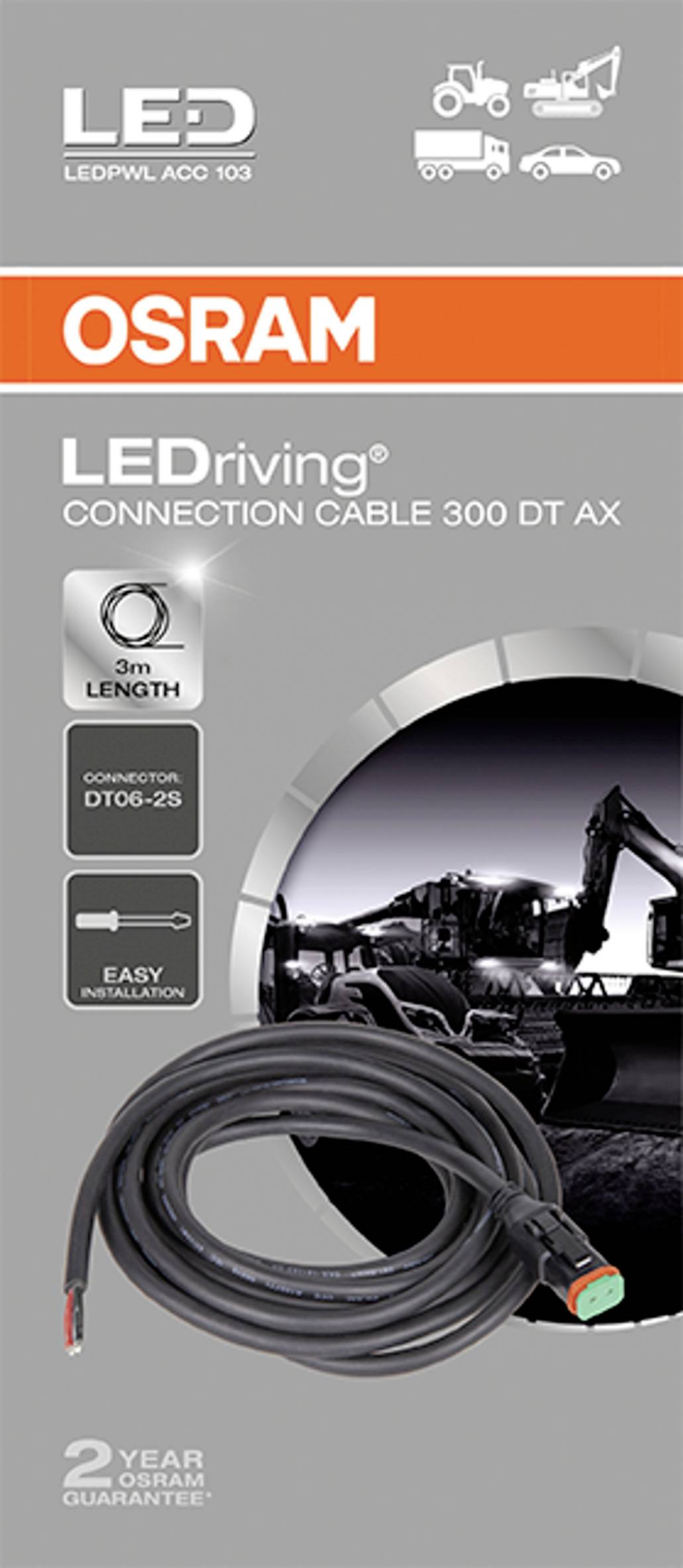 Packaging for OSRAM LEDdriving Connection Cable, 3 Metres Long, Suitable for Use in Agricultural and Construction Vehicles.