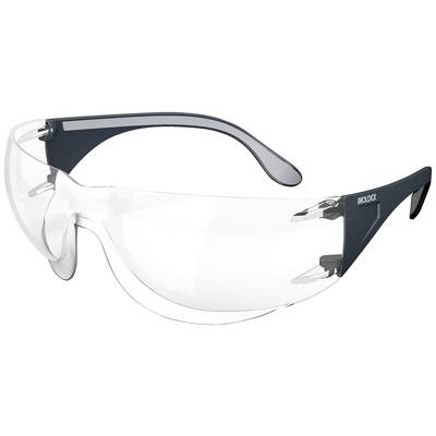 Safety glasses with clear lenses and a dark frame, suitable for safety purposes in work environments.