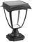 Black solar garden lamp with a square base and curved roof, standing upright; uses solar energy for illumination.