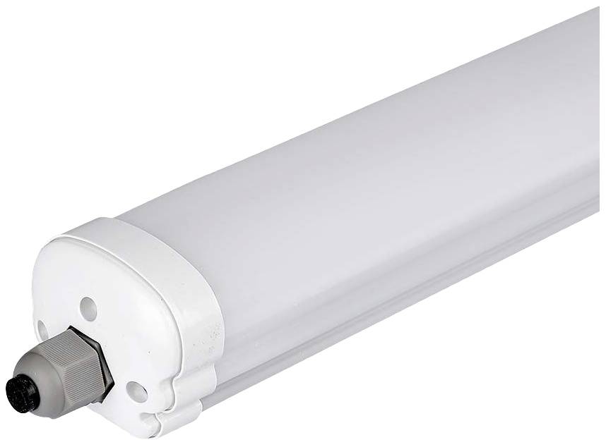 A white LED fluorescent tube with a grey connection cap at one end, suitable for interior lighting.