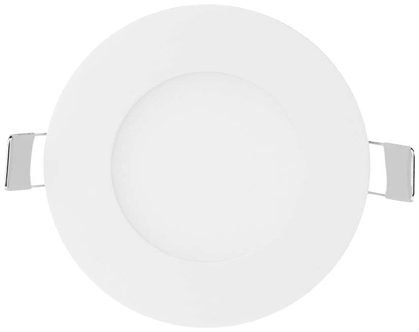Round, white LED ceiling light with silver mounting elements on the sides.