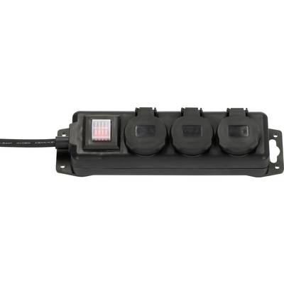 Black waterproof power strip with four covered outlets and a red-lit switch, mounted on a panel.