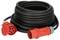 Black extension cable with red, round power connectors, one with a cover. 40 metres, 16A, 5-pole, IP44.