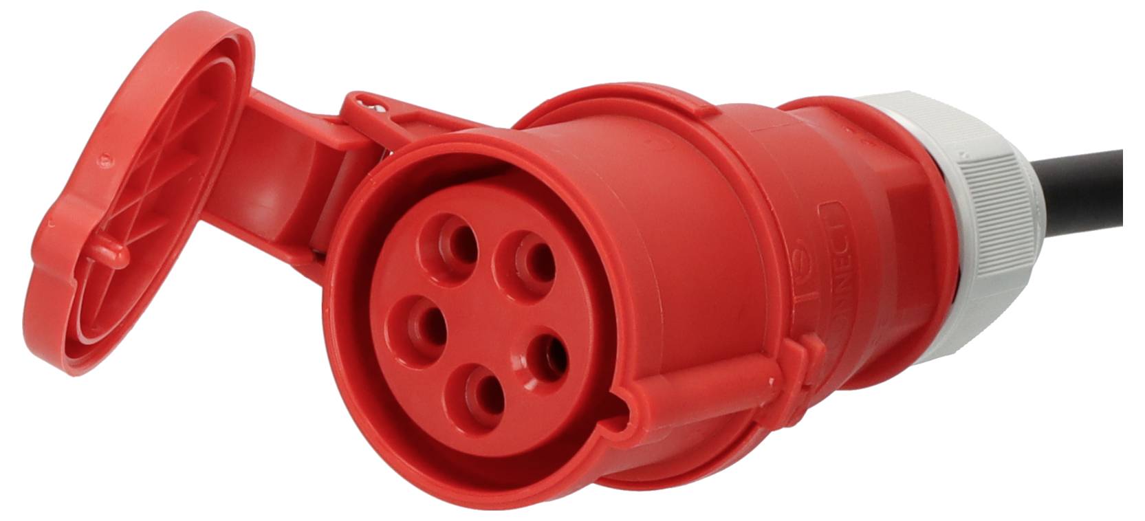 Red industrial coupling with four round socket outlets and a locking cover, used for high-performance electrical connections.