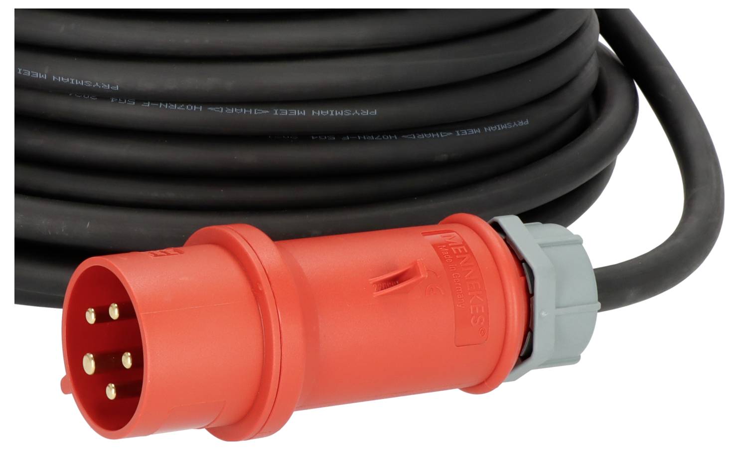 A red, multi-pin high-current plug is attached to a long black cable. Suitable for industrial applications.