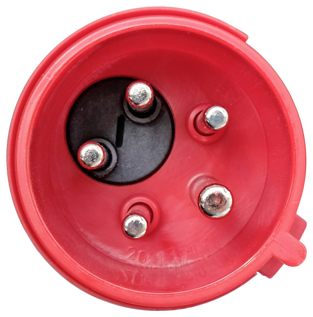 Red, circular high-current plug with five metal pins arranged in a symmetrical configuration.