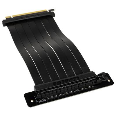 A black PCIe 16X riser cable adapter with flat cable strands and connectors at both ends, designed to extend GPU connectivity.