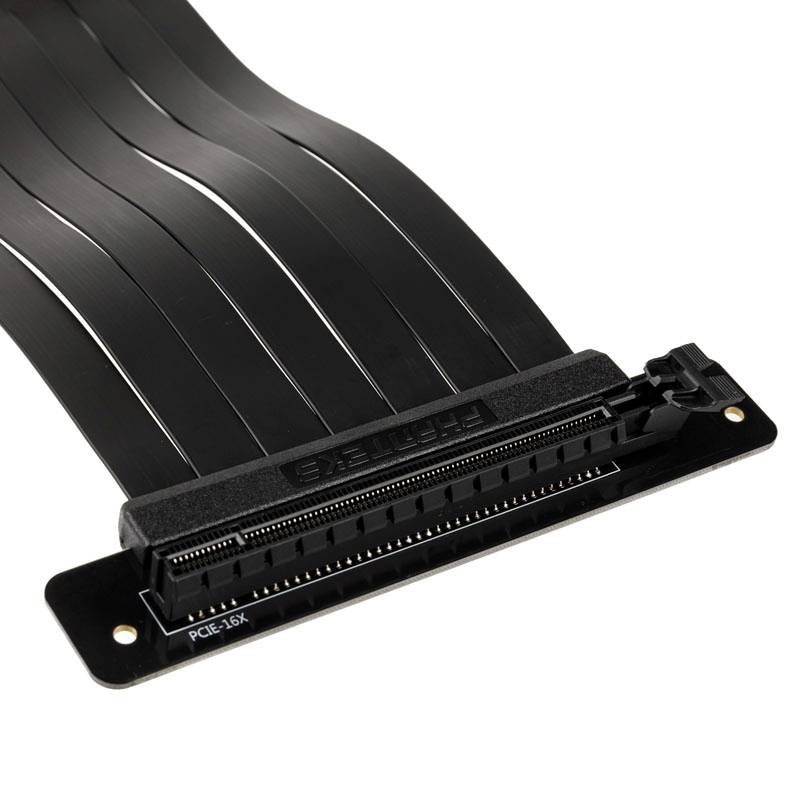 A black PCIe riser cable, rectangular in shape, with multiple parallel-running conductors, serves to extend graphics card connections.