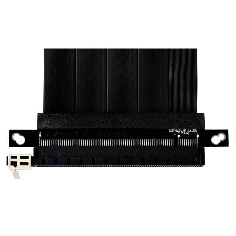 A PCIe riser cable with contact strip and black ribbon cable. Used for expanding PC components.