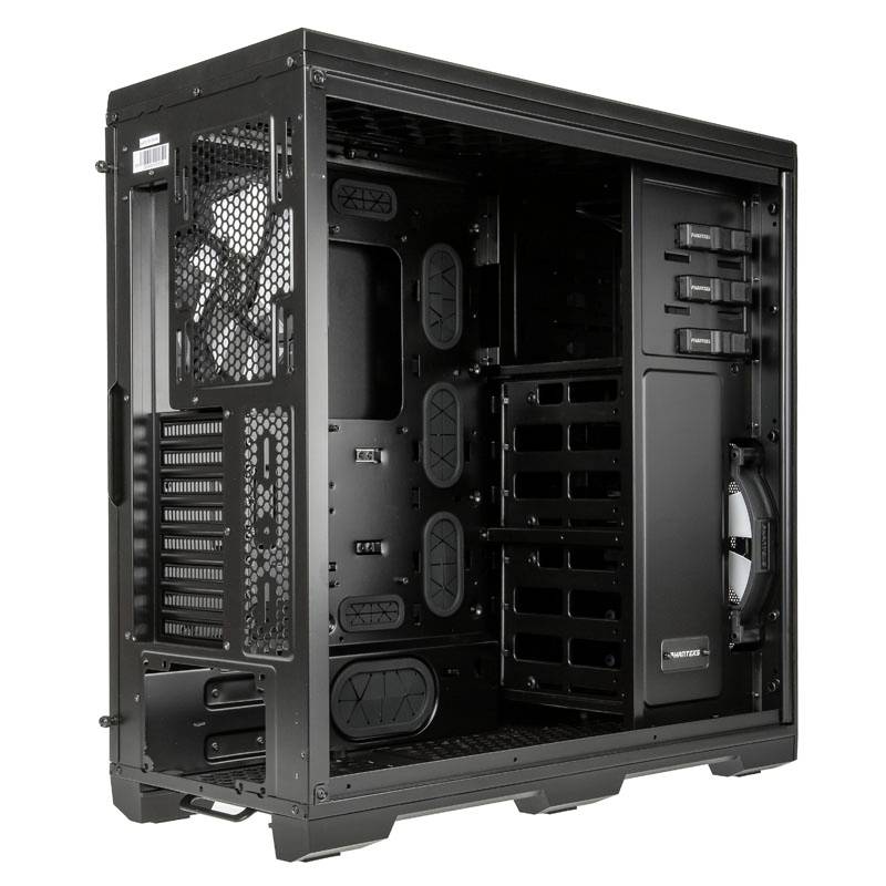 Black computer case without components, showing internal structure with fan holders and drive bays, visible from the left side.
