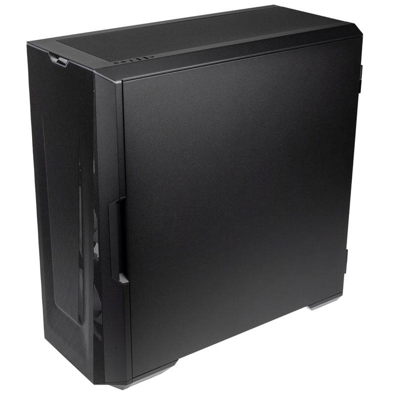 'Black computer tower with a minimalist design, without visible ports or logos, standing upright against a white background.'