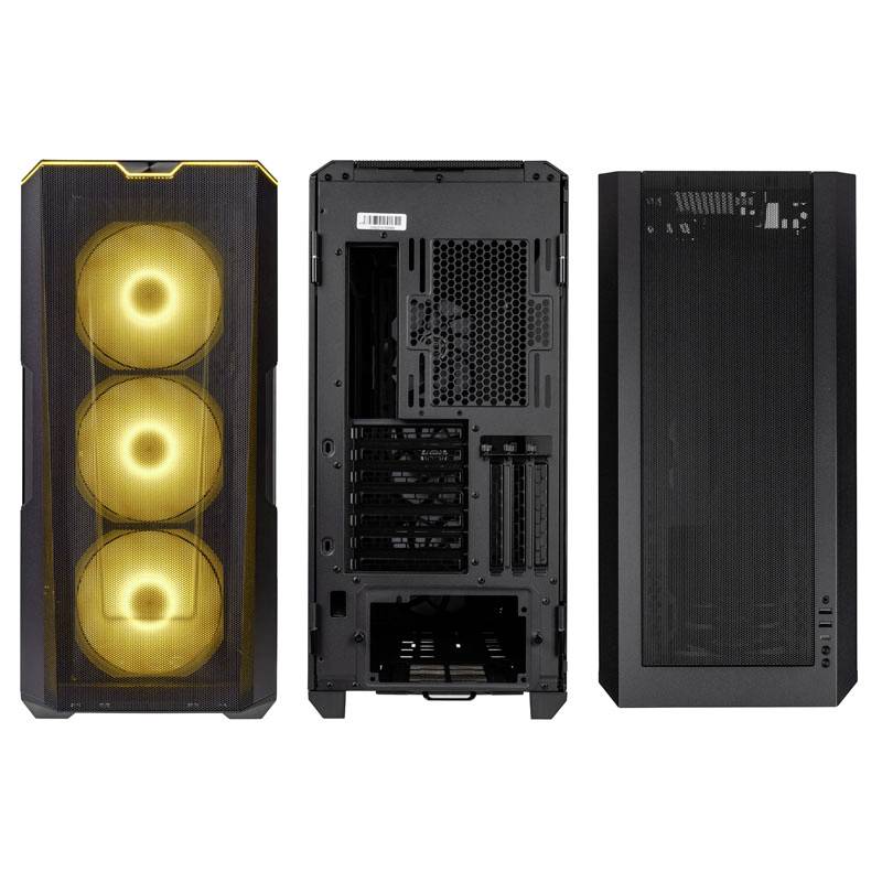Three views of a computer case: front view showing illuminated fans, rear and top view with ventilation openings.