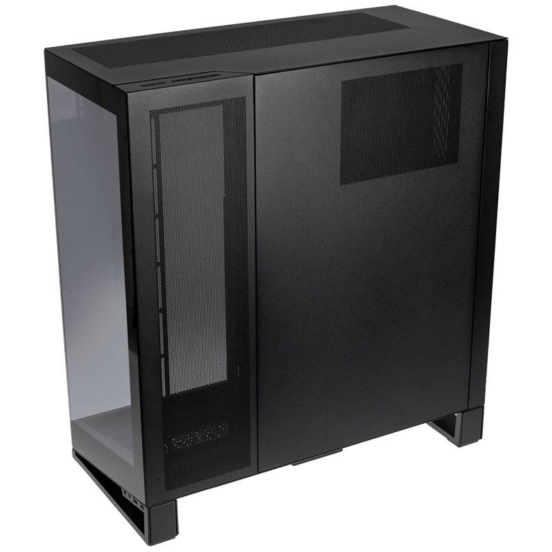 A black PC case with glass and ventilation elements, suitable for building or upgrading a desktop computer.
