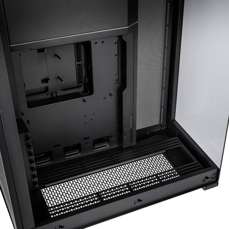 Spacious, empty computer case with a black interior, ready for component installation. Side window allows for visibility.