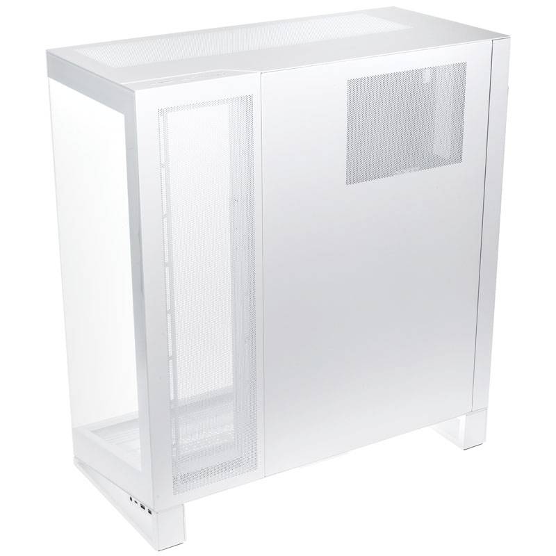 A white computer case with transparent side panels and ventilation grilles on top, suitable for housing internal computer components.