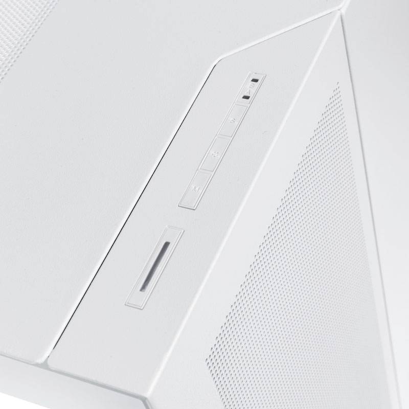 A white speaker with a slender design, showing controls and speaker grille. Minimalist and modern appearance.