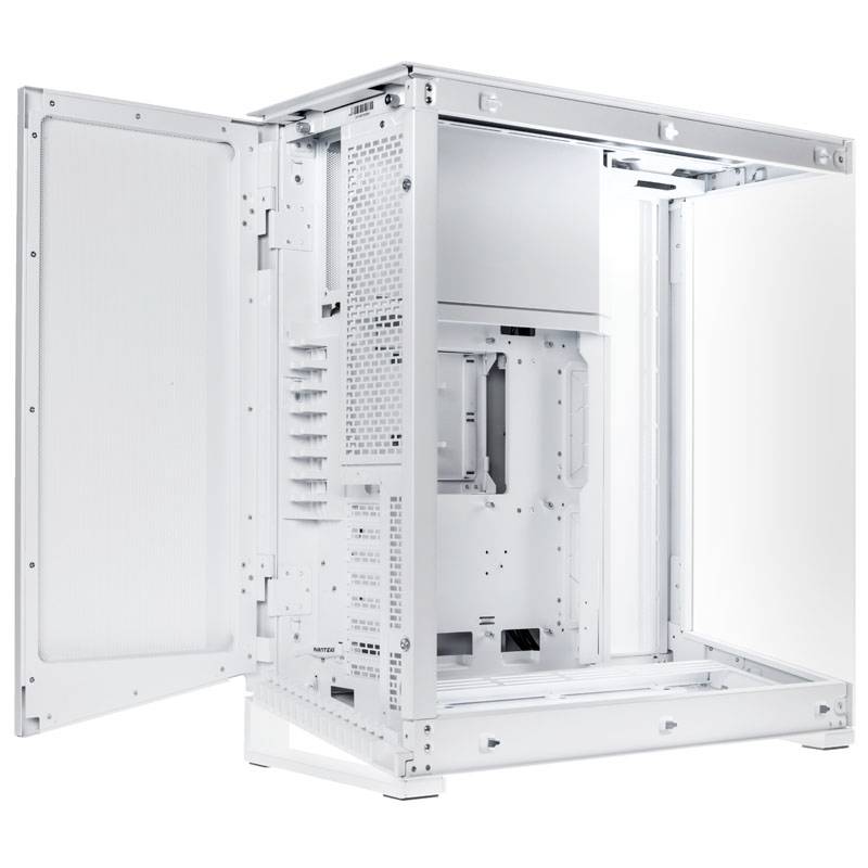 White computer case with open side panels, revealing the internal structure and slots for components.