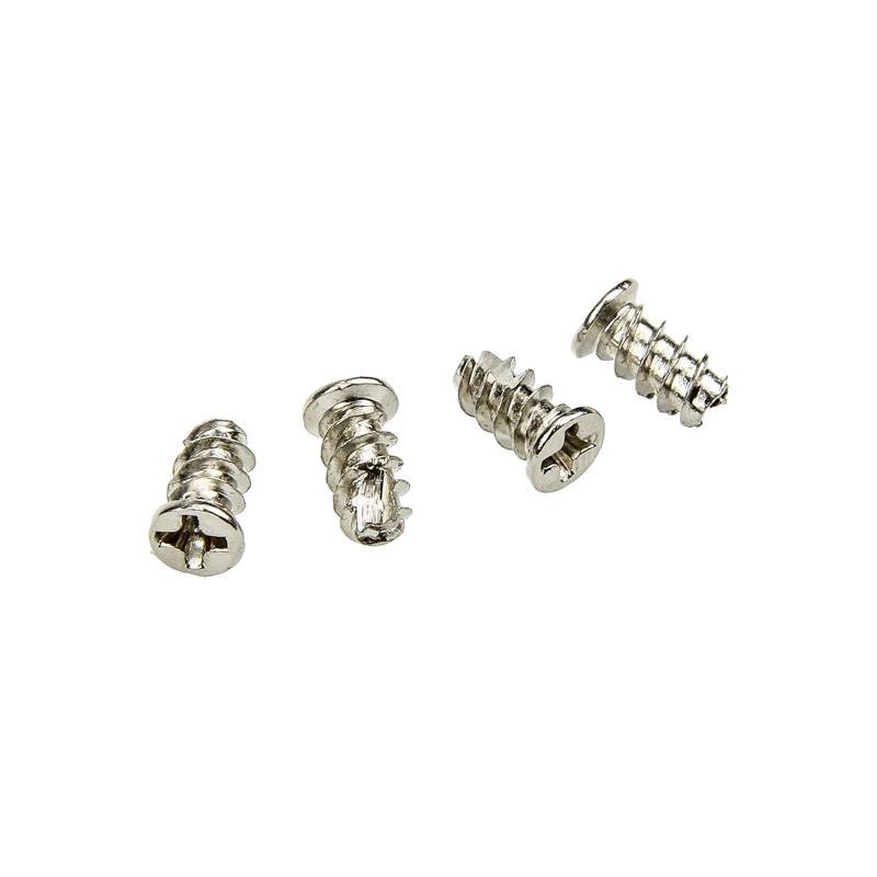 Four silver cross-head screws are arranged side by side on a white background, shown from various angles.
