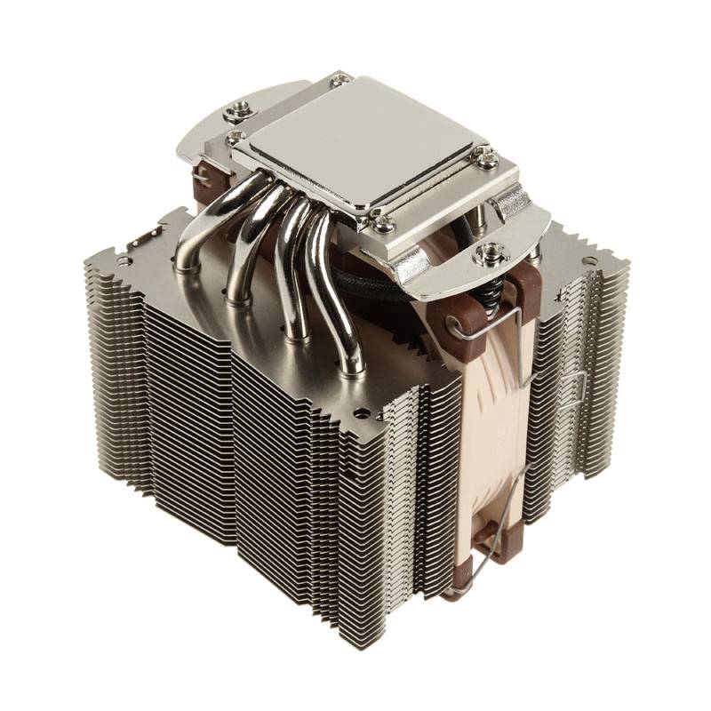 A CPU cooler with silver cooling fins and multiple copper heat pipes for heat dissipation. Suitable for computer processors.