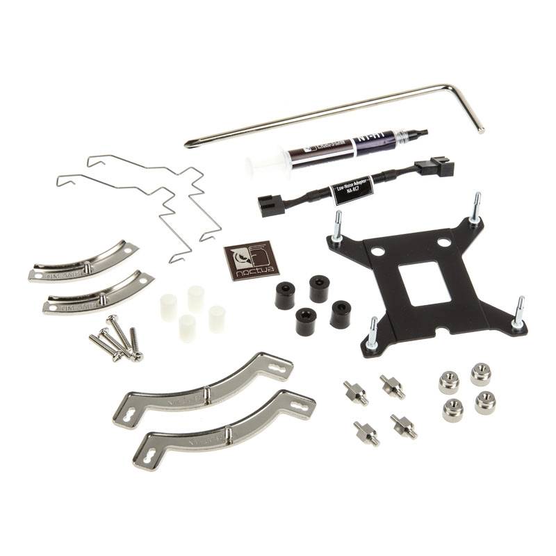 CPU cooler mounting kit with screws, brackets, thermal paste, and Allen key on white background.