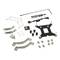CPU cooler mounting kit with screws, brackets, thermal paste, and Allen key on white background.