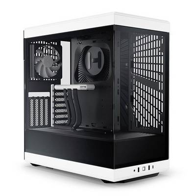 PC case with side glass panel, visible fan and black interior, suitable for gaming or high-end PC build.