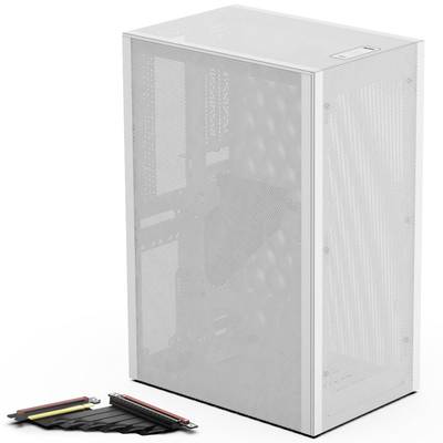 A white PC case with perforated sides for ventilation stands upright. Two computer components are lying beside it.