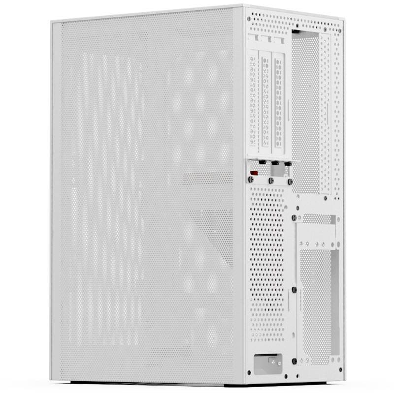 A white computer case with ventilation holes is shown in a side view, featuring two USB ports and a power switch.