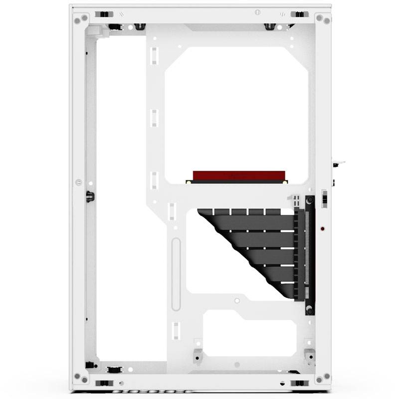 Empty white computer case with black elements, suitable for installing internal hardware.<br><br>Note: The translation was already in English, so no significant changes were needed. The text is precise and technically accurate in British English.