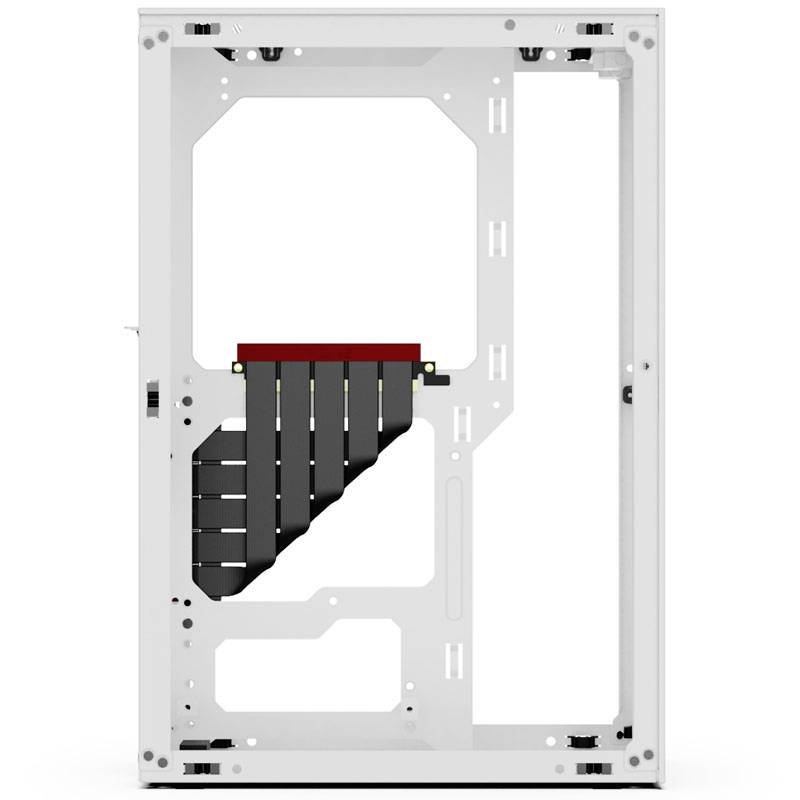 A white computer case with a vertically mounted graphics card holder, without any additional hardware or decorations.