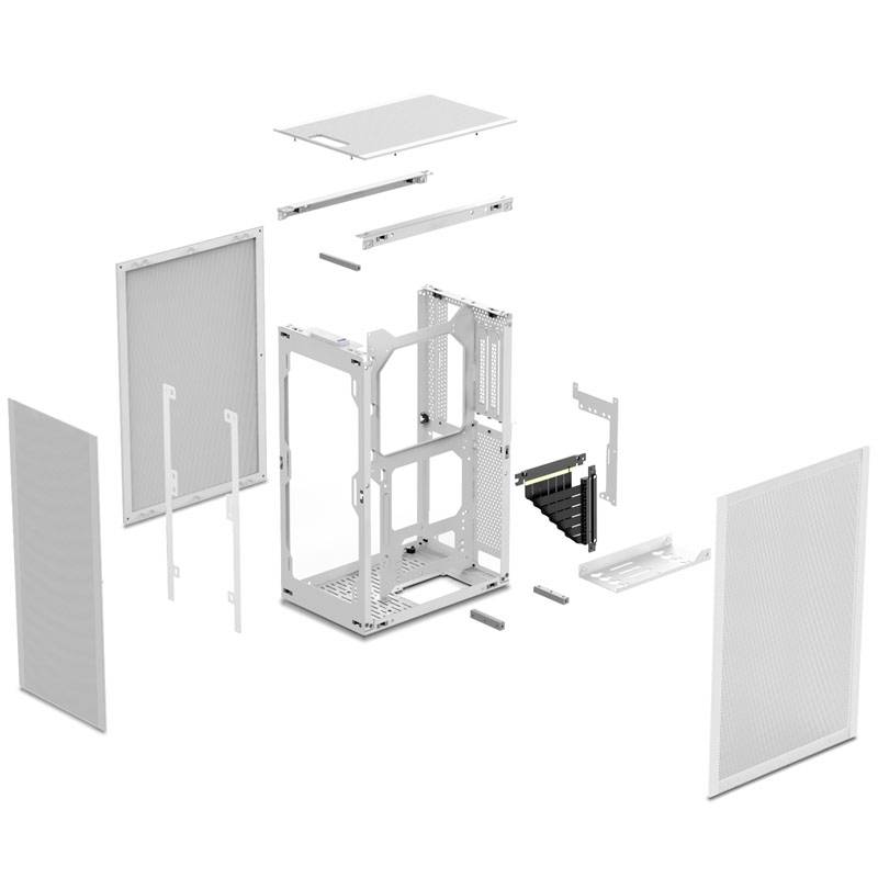 Dismantled computer case with individual components: frame, side panels, covers, and screws are visible.