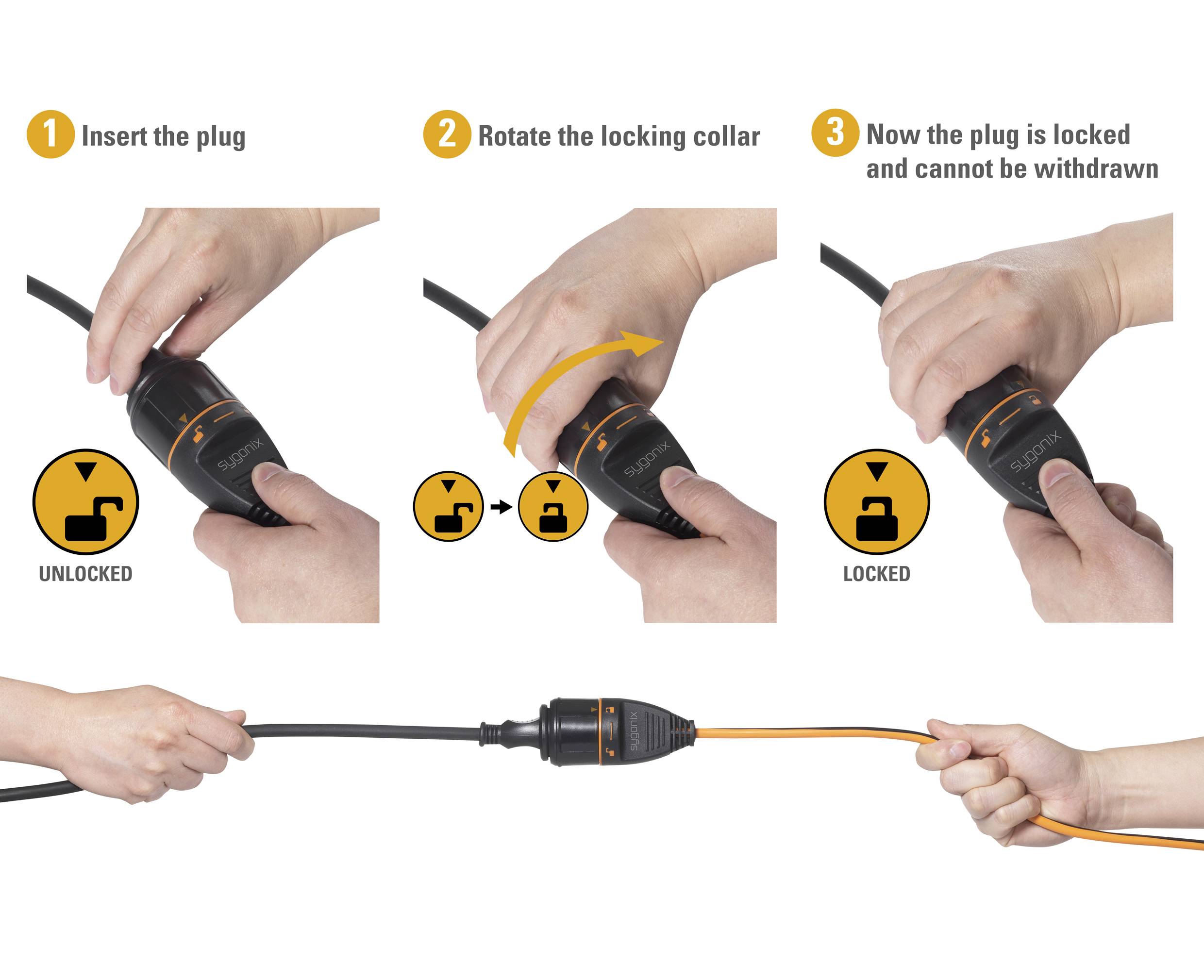 'Image shows three steps to secure a plug: 1. Insert plug. 2. Turn locking mechanism. 3. Plug is locked and secured.'