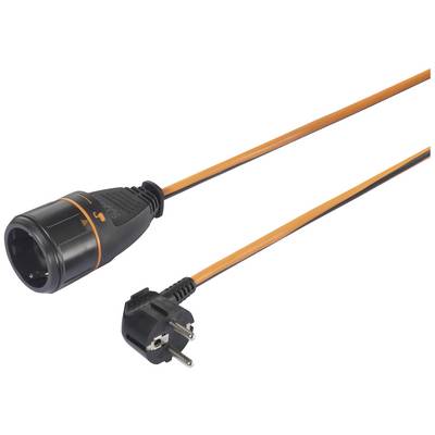 An orange and black extension lead with a Schuko plug and socket. Suitable for use indoors or in the garden.