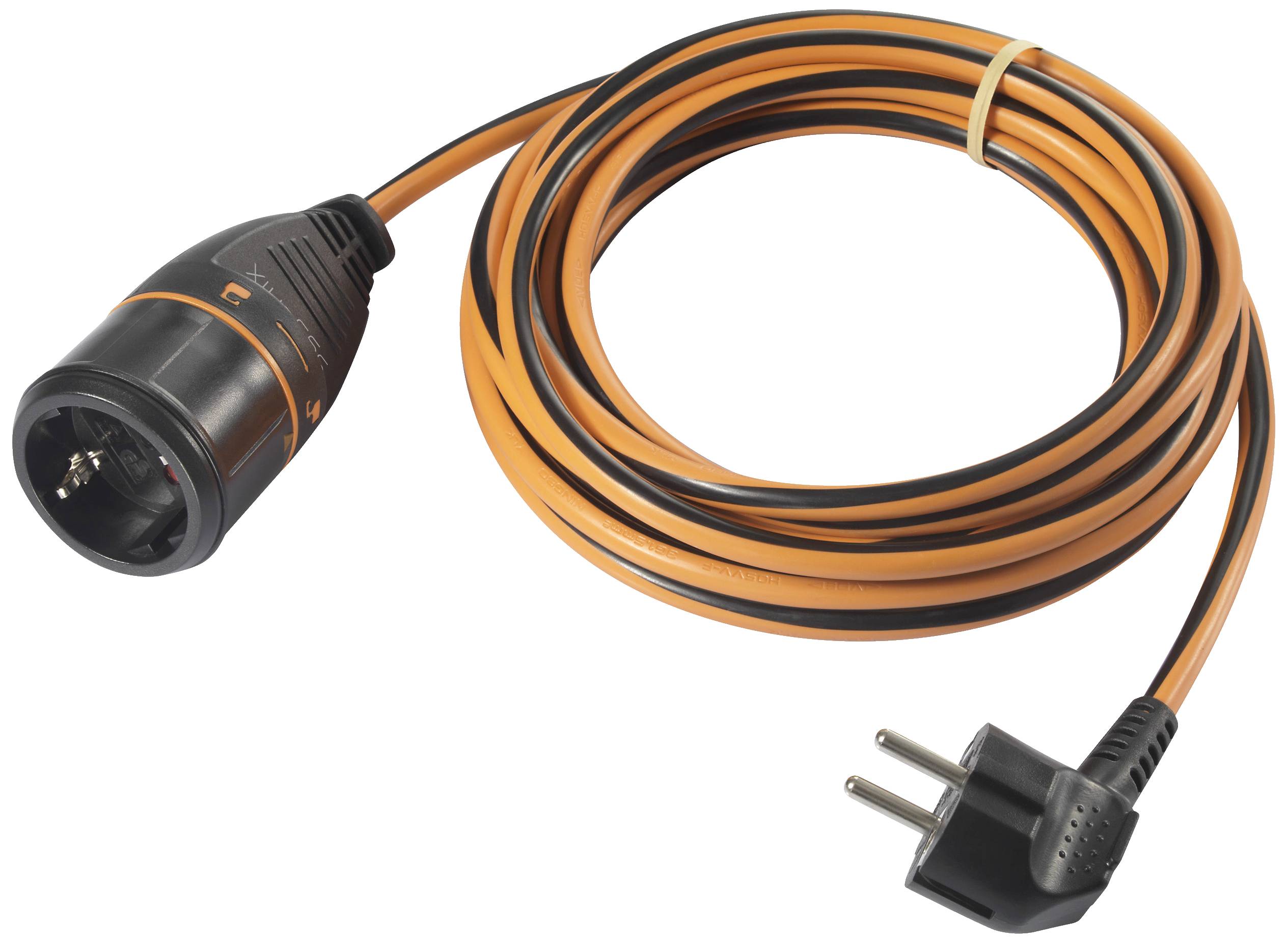 'Orange extension lead with Schuko plug and socket, coiled, suitable for indoor and outdoor use.'