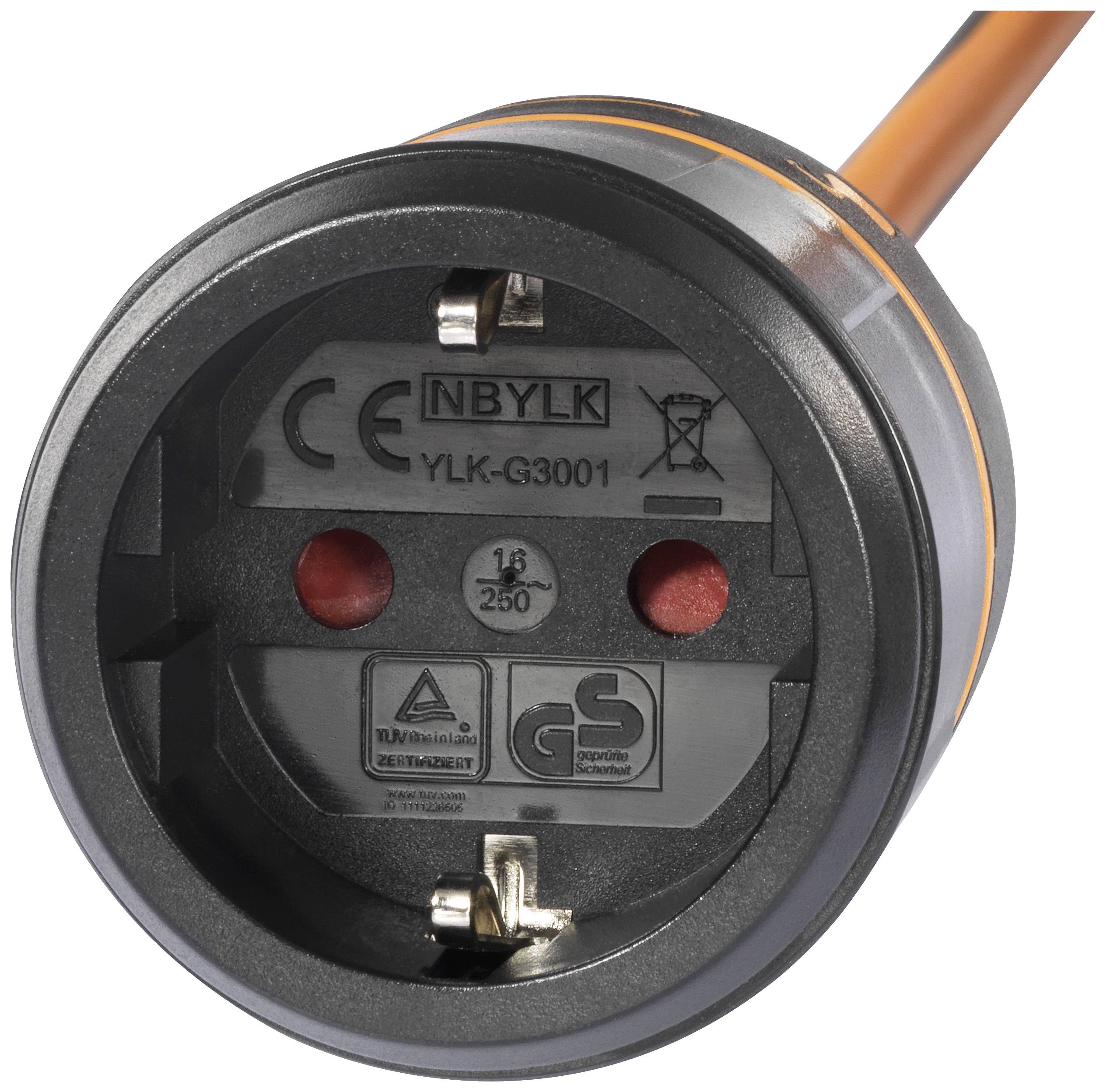 Close-up of a plug with the inscriptions 'NBYLK YLK-G3001', CE mark, GS mark and power specifications. Orange power cord.