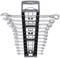 'Set of twelve open ring spanners in various sizes, arranged on a holder. Each spanner is labelled from 6mm to 22mm.'