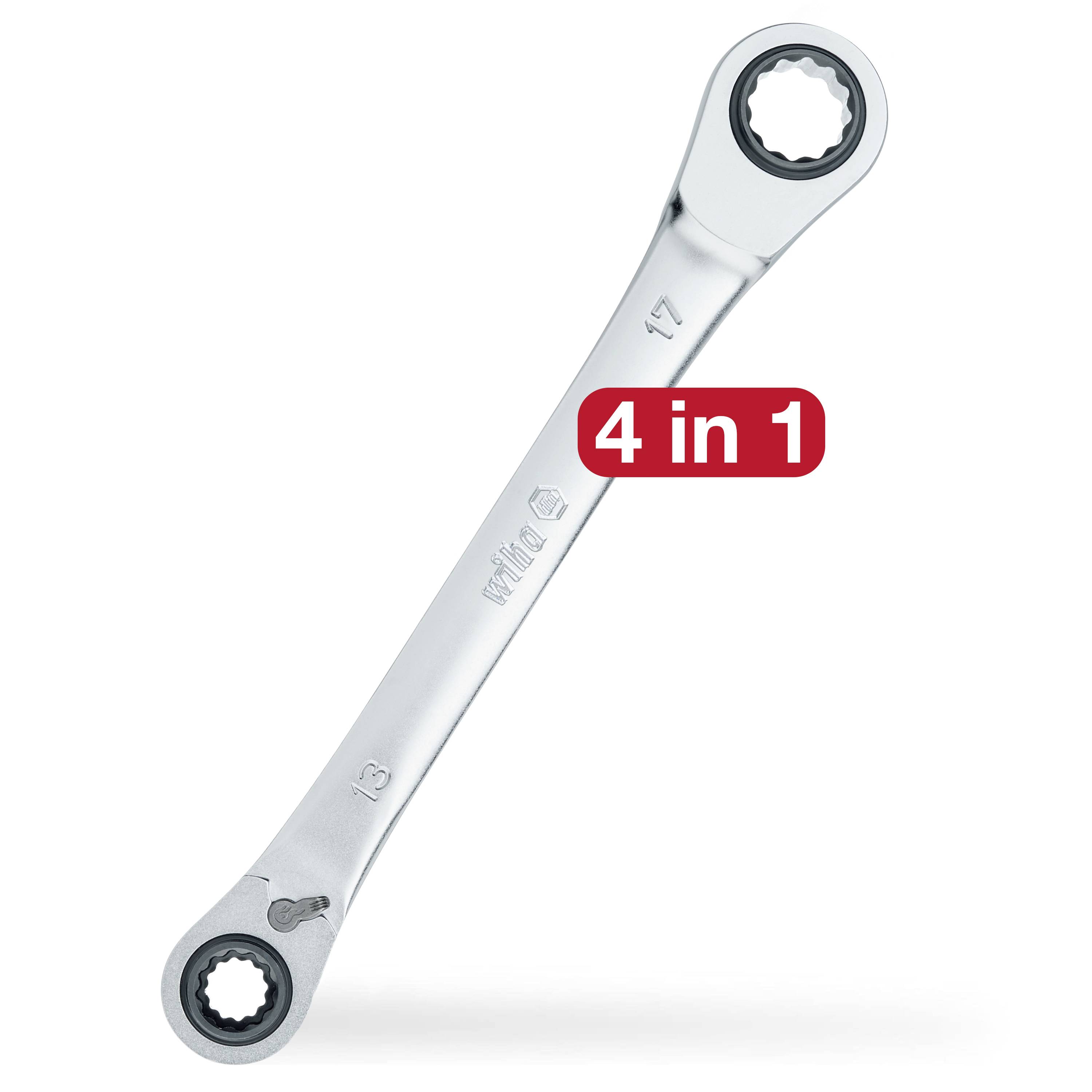 A silver padlock key with two rings, marked with '13' and '17'. A red sign displays '4 in 1'.