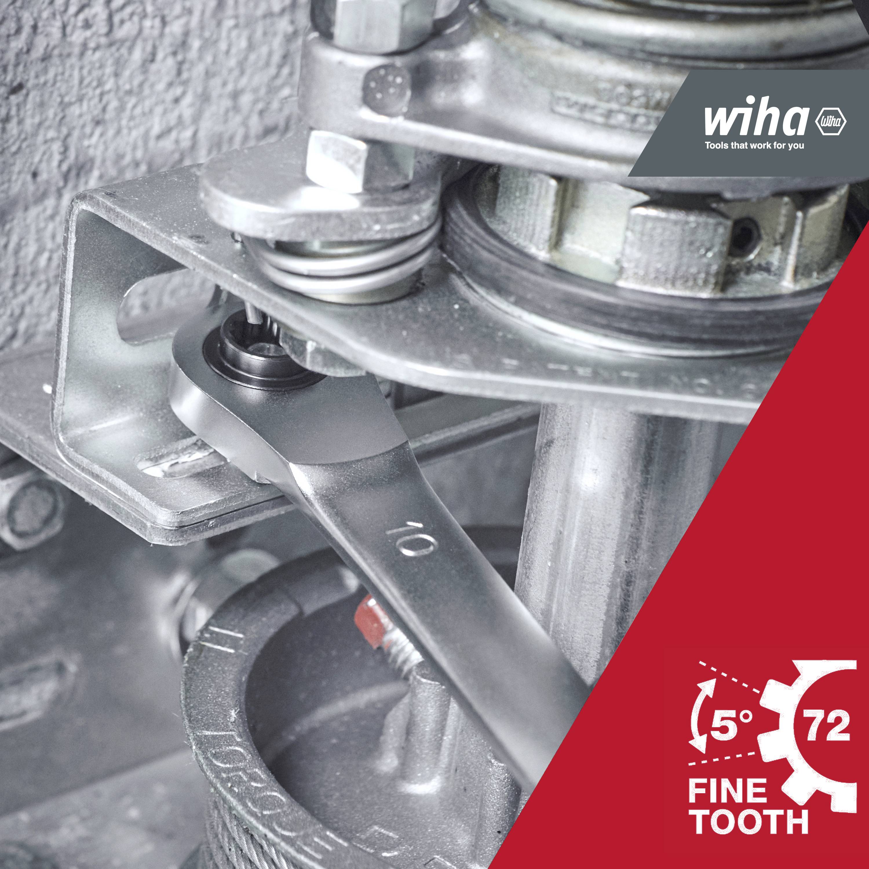 Tool in use for tightening a screw on a metal frame. Wiha brand logo in the top right corner.