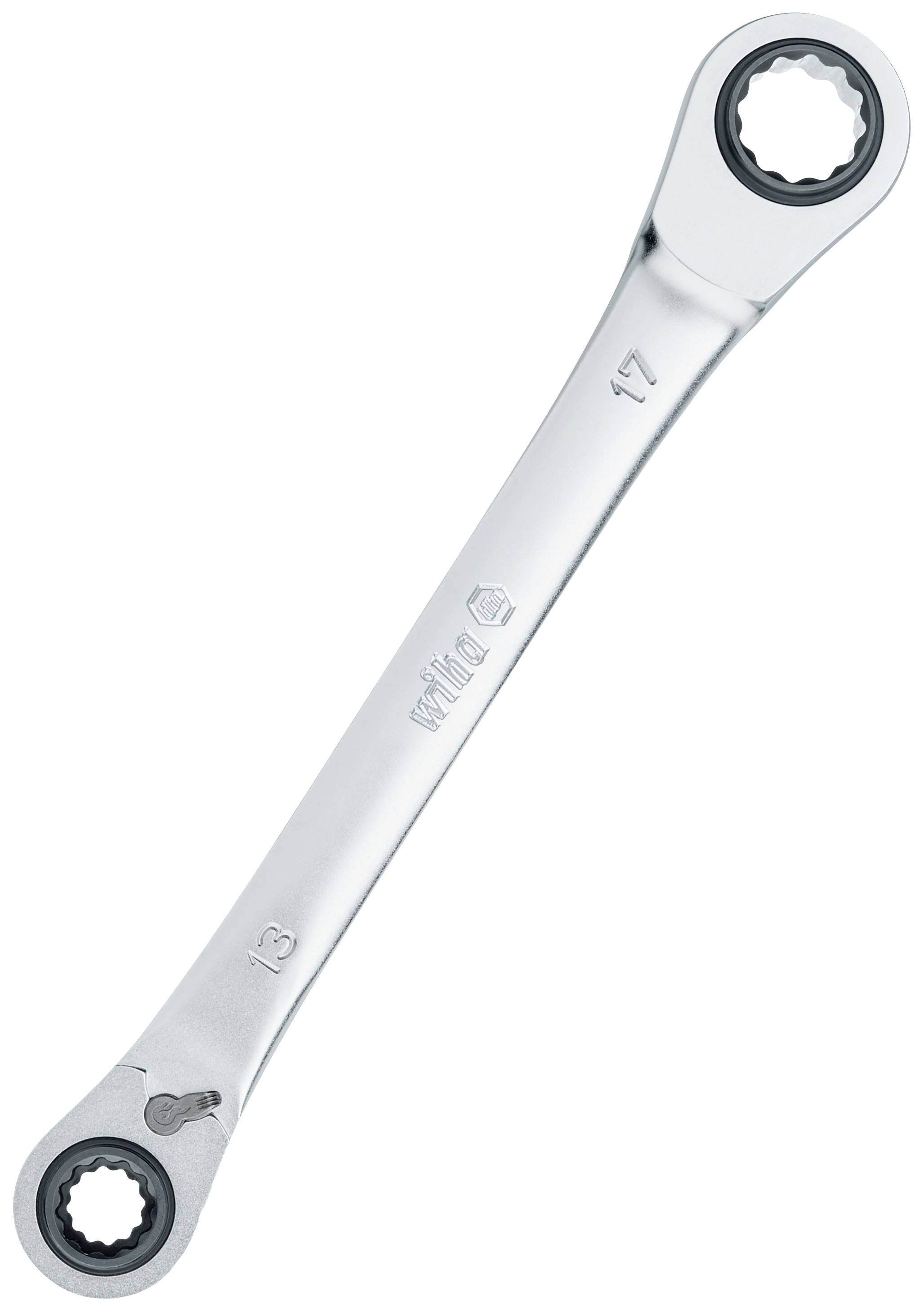 A silver ring spanner with two sizes, 13 mm and 17 mm, at the ends. Suitable for loosening or tightening screws.