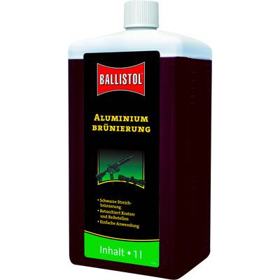 Bottle of Ballistol Aluminium Bluing, 1 litre. Labelling: 'Black touch-up bluing, Retouch scratches and wear marks, Easy application'.