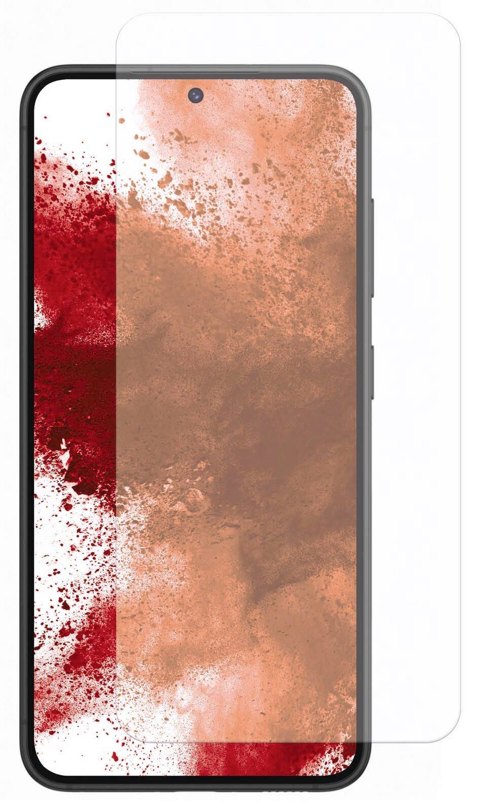 Smartphone with a screen protector. Screen displays red and brown colour splashes on a white background.