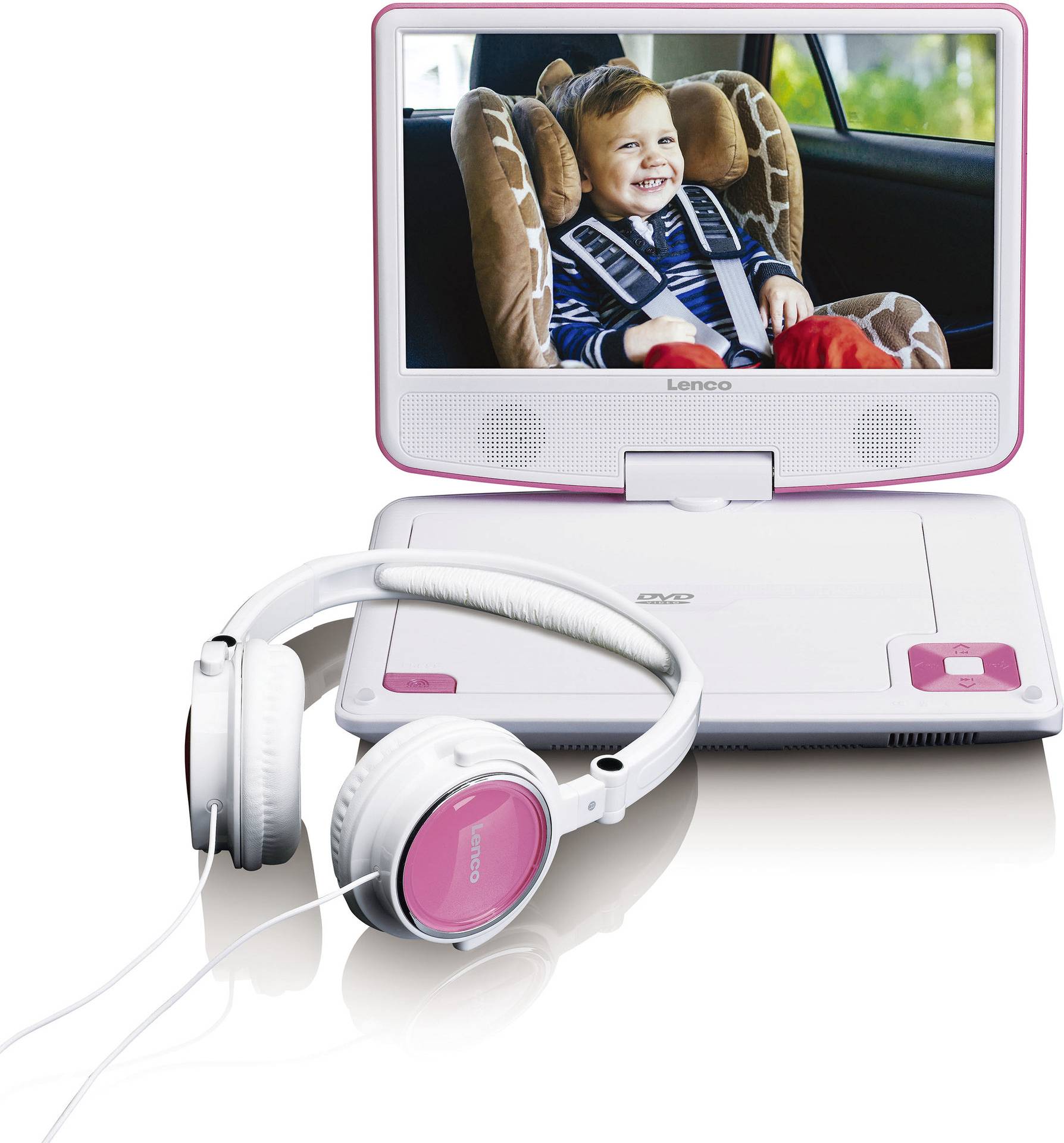 A portable DVD player with headphones shows a laughing child in a car seat on the screen.