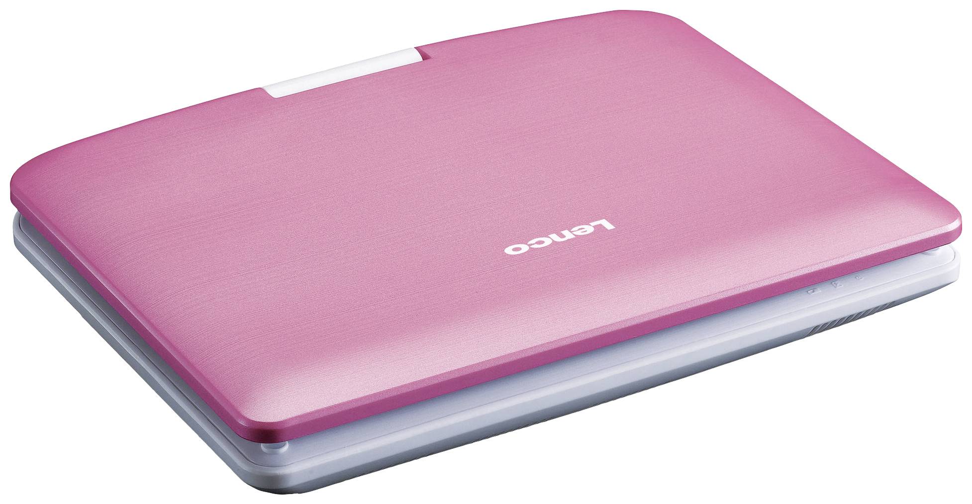 A pink laptop closed, pictured from above.