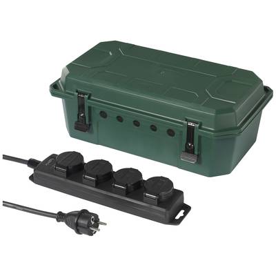 Green, weatherproof box with black multi-socket and plug, suitable for outdoor use.