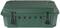 Green, rectangular plastic box with black fasteners on the front. It is used for storing and protecting items.