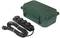 Green weatherproof box with black power strip and cable, suitable for outdoor use and protecting electrical connections.