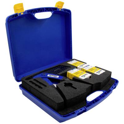 Blue tool case opened, showing a set consisting of a blue tool and several yellow boxes, all securely stored in foam inserts.