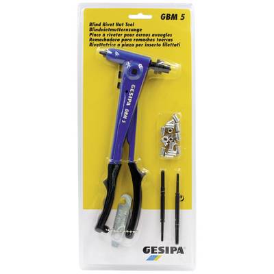 Gesipa blind rivet nut pliers GBM 5 in packaging with rivets and accessories on a yellow background. Ideal for furniture and mechanical engineering.