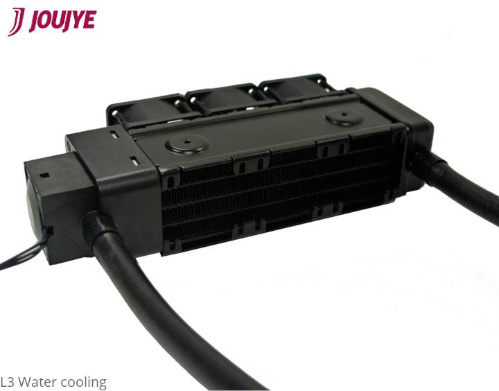 'JOUJYE L3 Water-Cooled CPU Cooling System, Black Enclosure with Three Fans and Flexible Hoses.'
