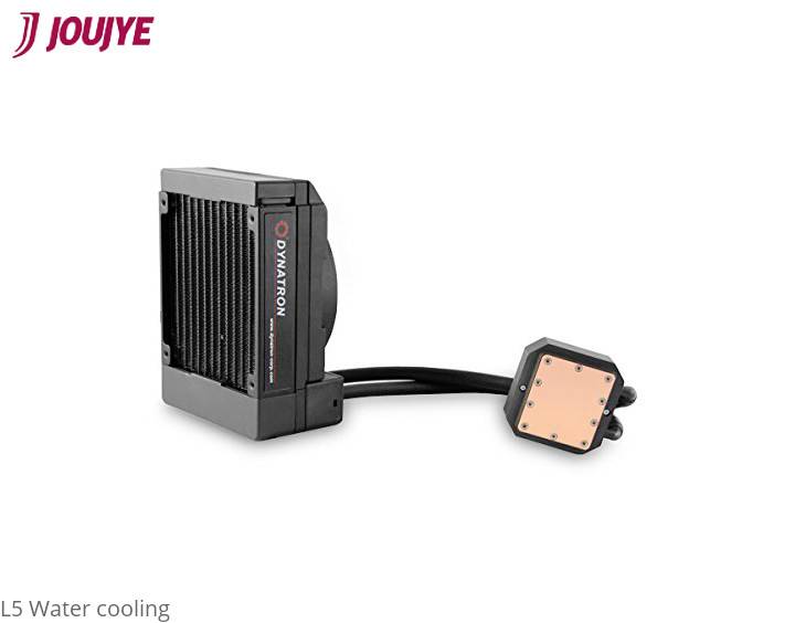 'JOUJYE L5 Water Cooling' with a black heatsink and copper plate. Suitable for computer hardware, improves heat dissipation.